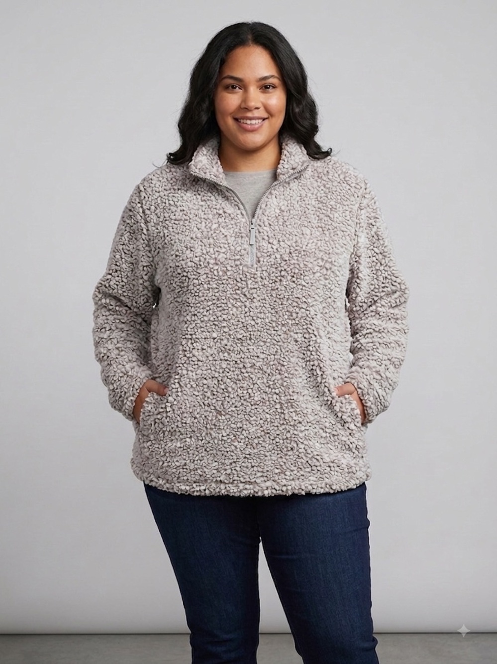 Cozy Half-Zip Teddy Pullover Jacket - Light Taupe